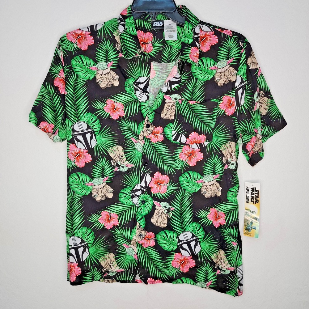 Star Wars Mandalorian Grogu Hawaiian Shirt S Black Green Floral Rayon Button Up